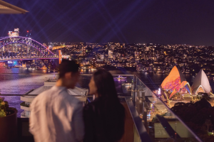 Vivid sydney lights on Harbour Bridge and Opera House view
